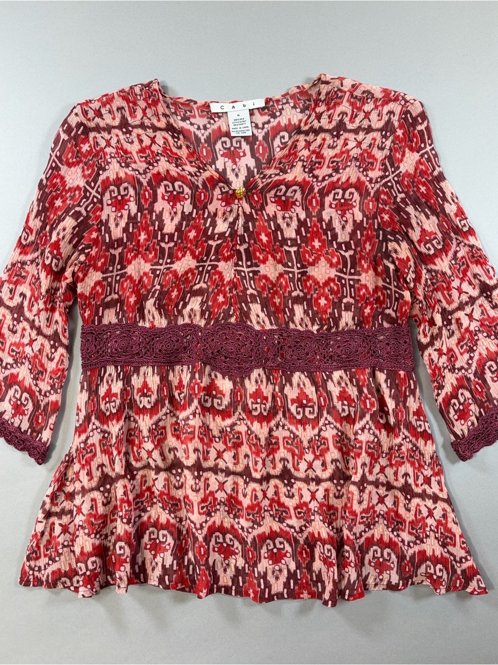 CAbi Silk Chiffon Ikat Crochet Trim Empire Waist Peasant Blouse Boho Semi-Sheer